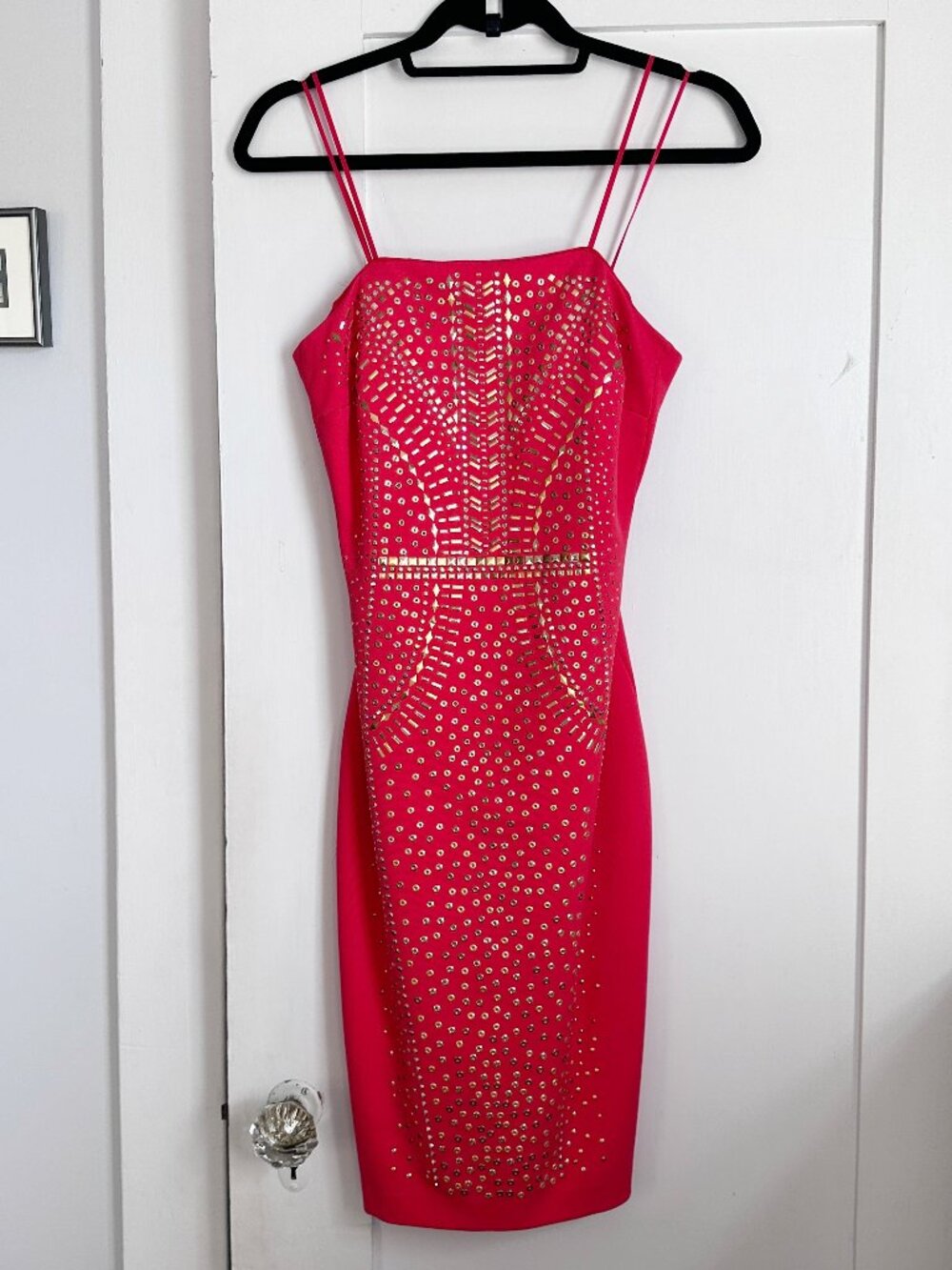 Vintage Y2K Caché Red Gold Strapless Rhinestone Bodycon Dress Size 0